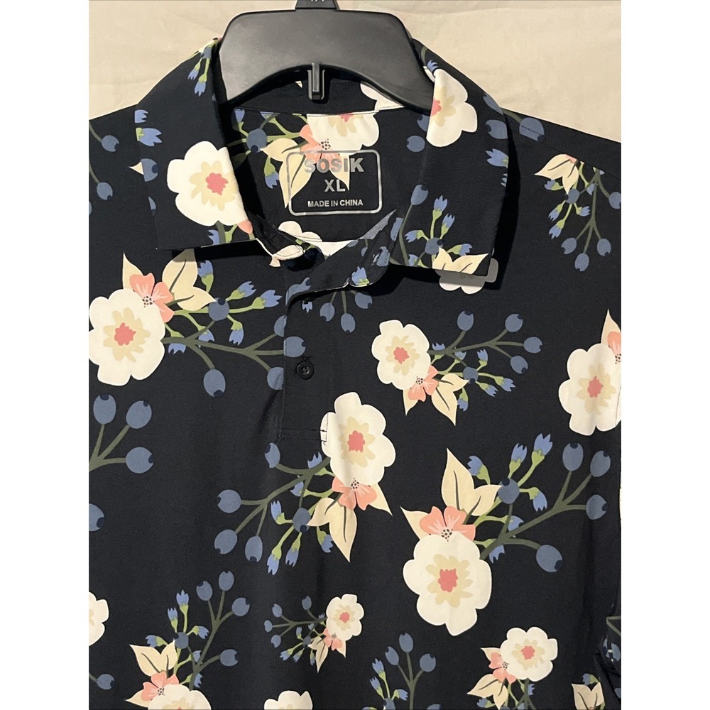 SOSIK XL Men's‎ S/S Poly Spandex Golf Polo Shirt Navy Floral